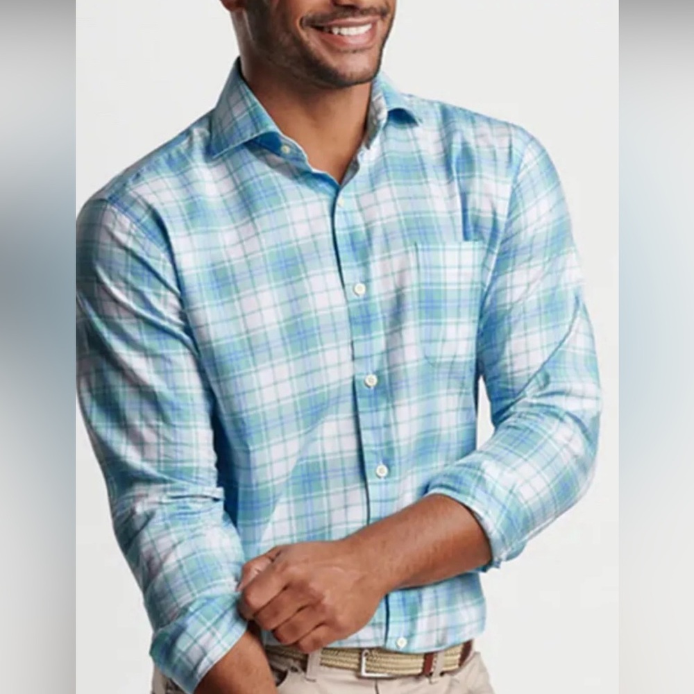 NWT Peter Millar Rosemont Summer Soft Shirt Cottage Blue Plaid Soft Cotton M - Picture 4 of 13